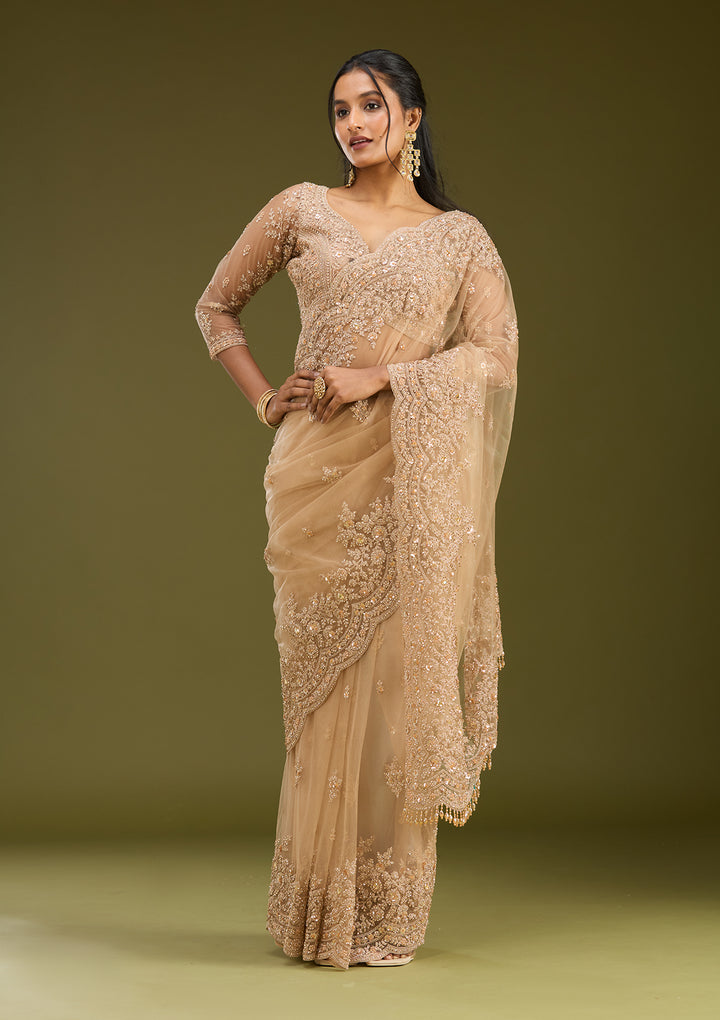Beige Net Gold Zariwork Saree With Matching Blouse Piece