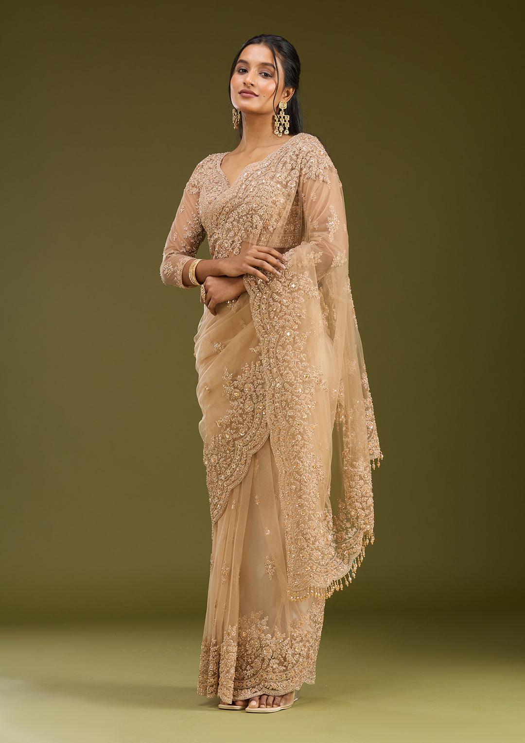 Beige Net Gold Zariwork Saree With Matching Blouse Piece