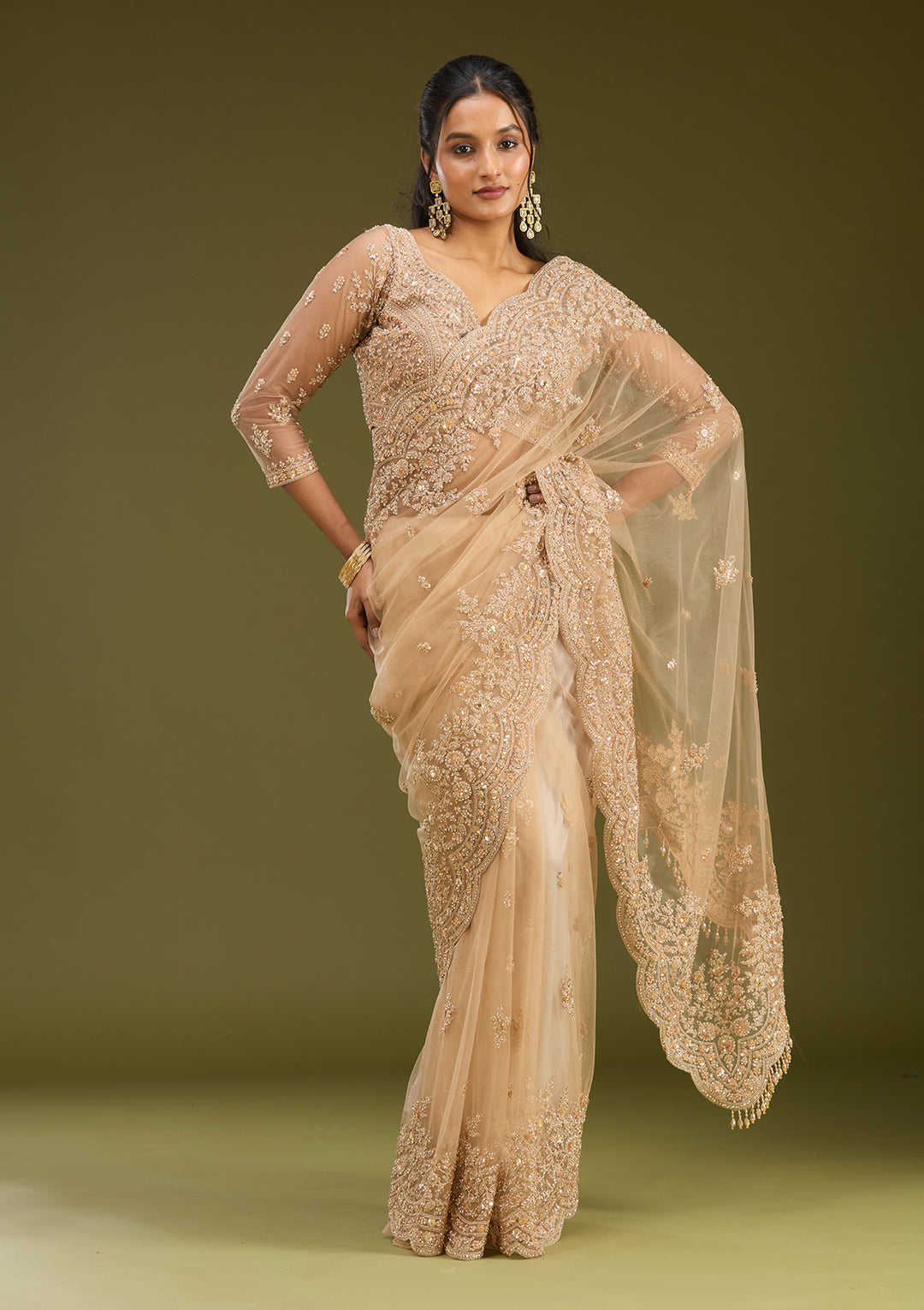 Beige Net Gold Zariwork Saree With Matching Blouse Piece
