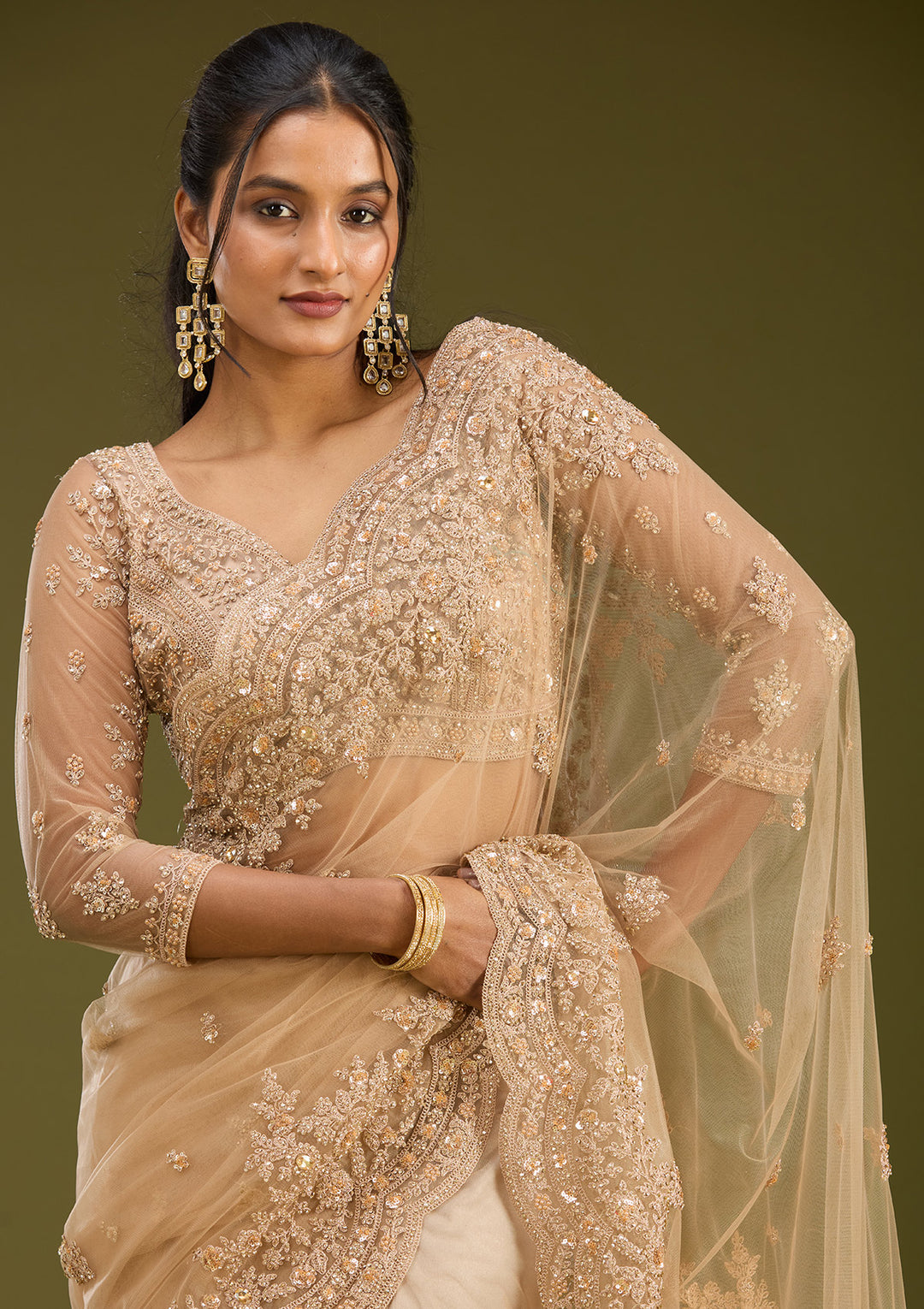 Beige Net Gold Zariwork Saree With Matching Blouse Piece