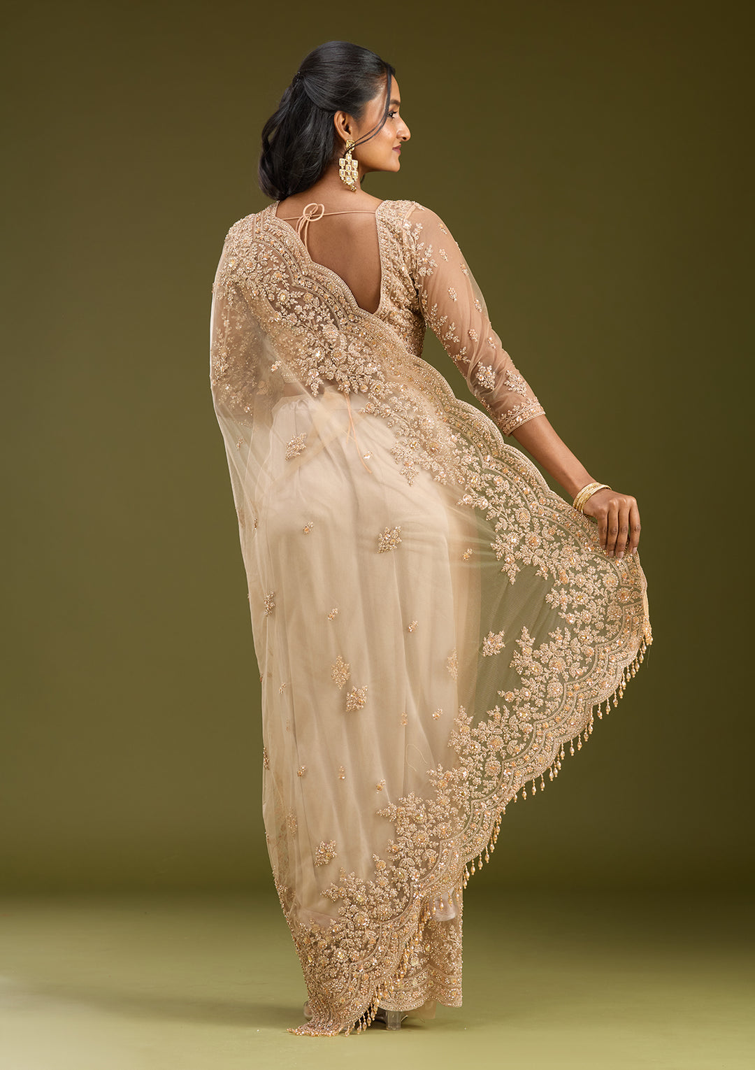 Beige Net Gold Zariwork Saree With Matching Blouse Piece