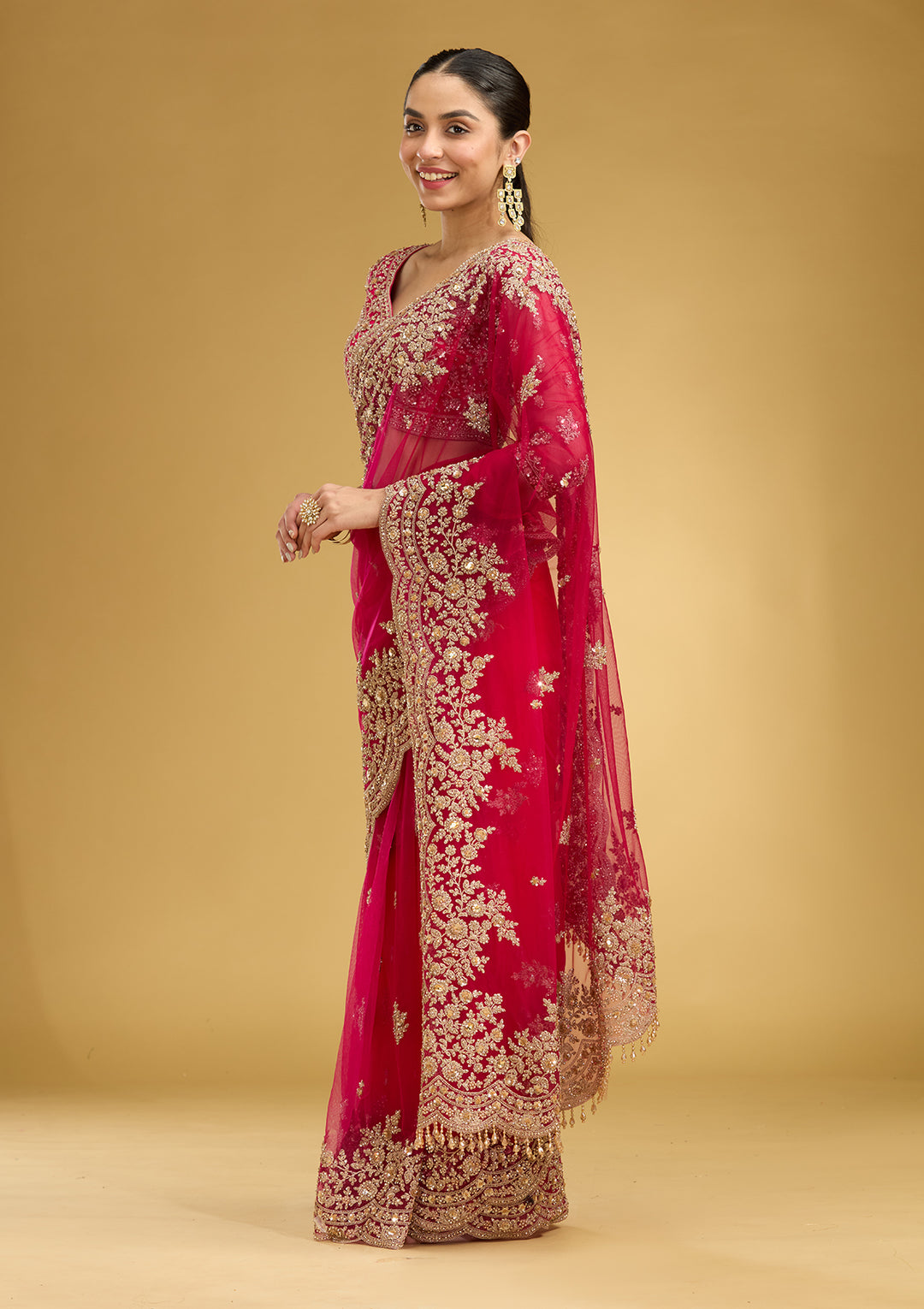 Rani Pink Zariwork (Gold) Net Saree