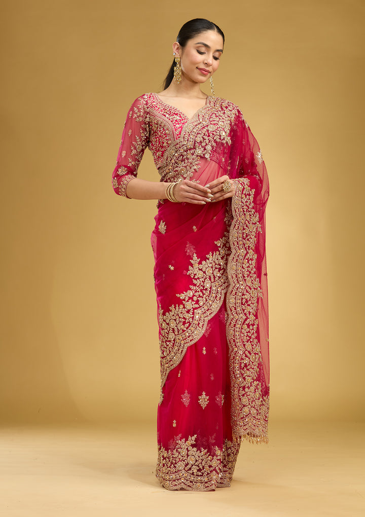 Rani Pink Zariwork (Gold) Net Saree