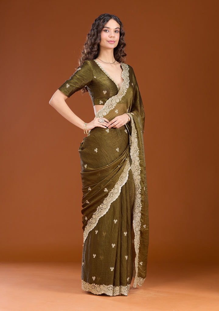 Mehendi Zariwork (Gold) Tissue Saree