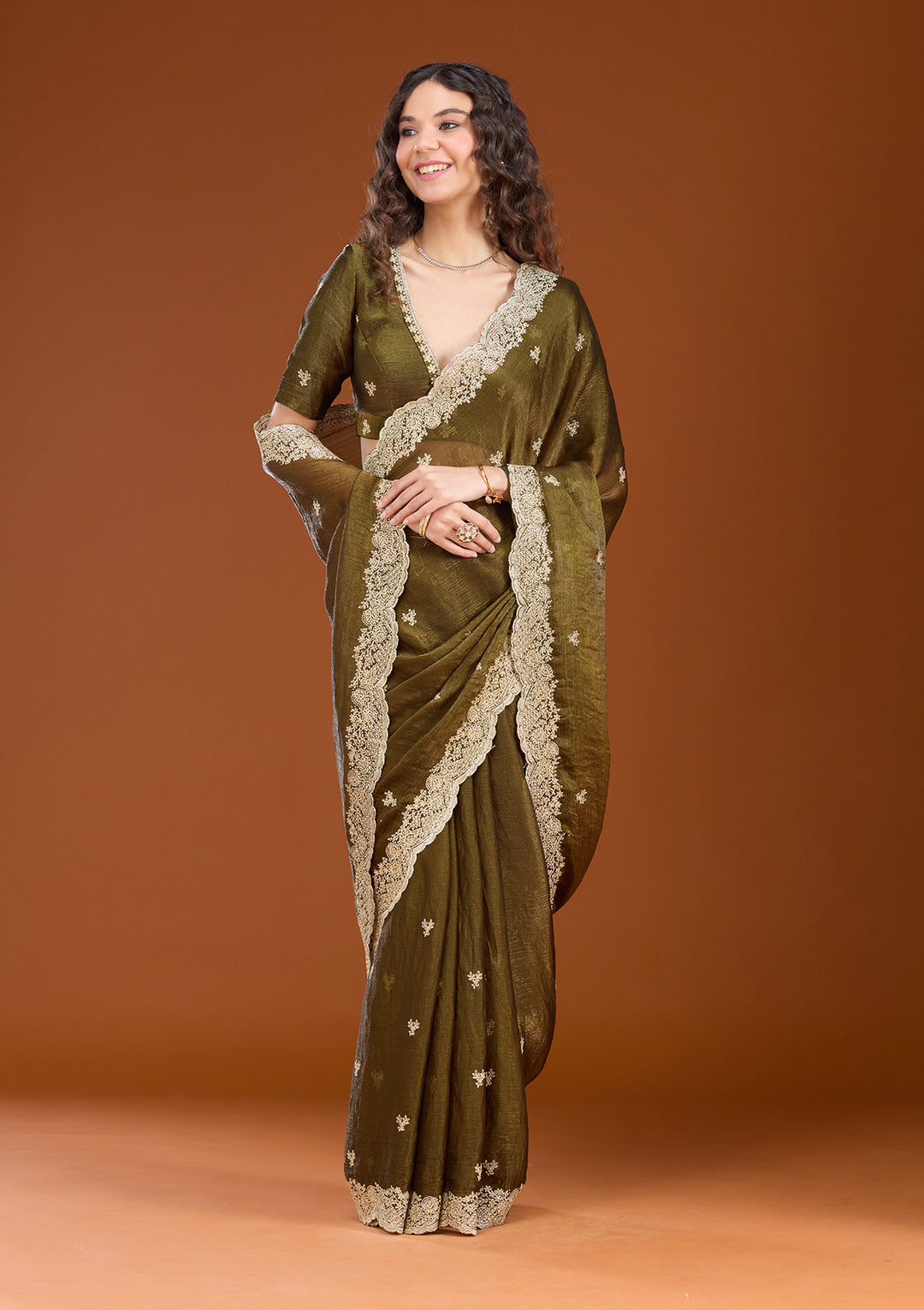 Mehendi Zariwork (Gold) Tissue Saree