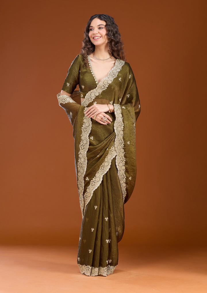 Mehendi Zariwork (Gold) Tissue Saree