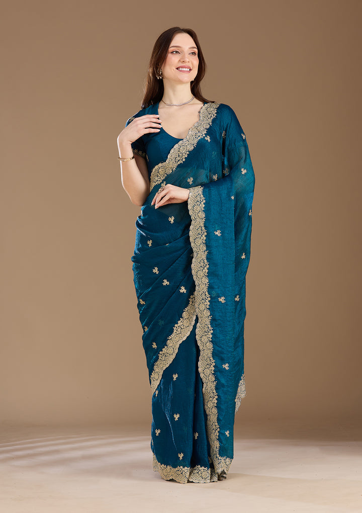 Peacock Blue Tissue Gold Zariwork Saree With Matching Blouse Piece