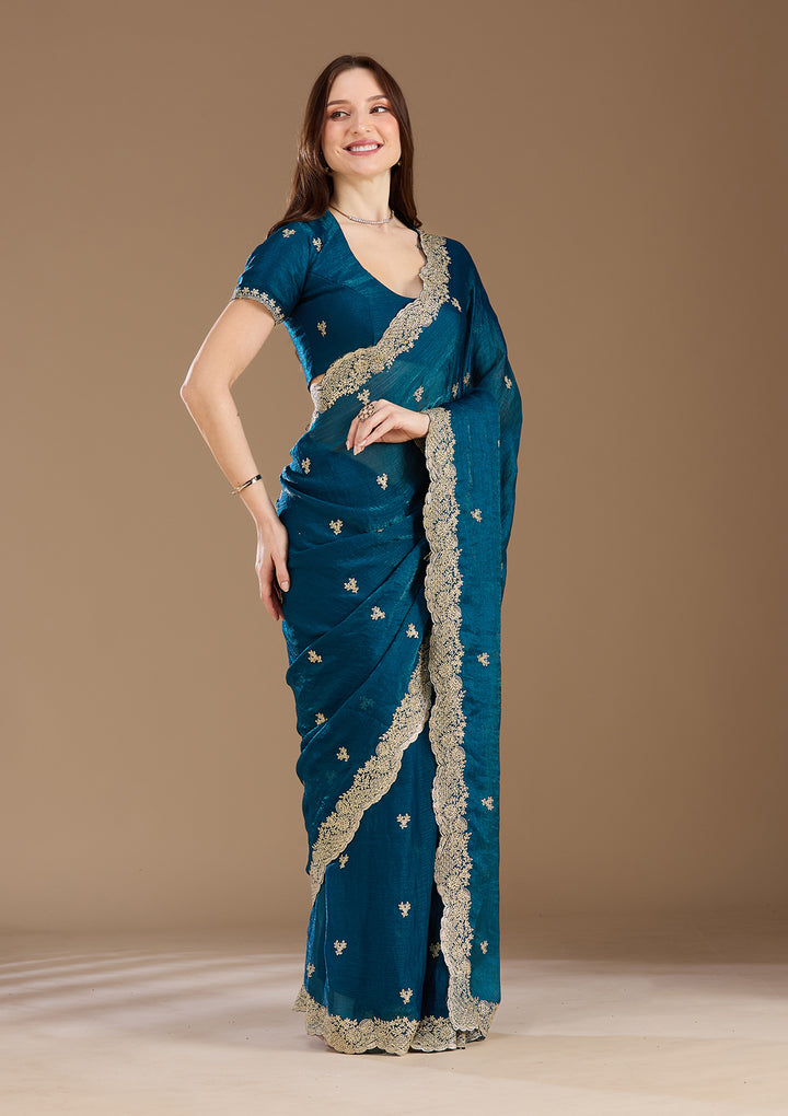 Peacock Blue Tissue Gold Zariwork Saree With Matching Blouse Piece