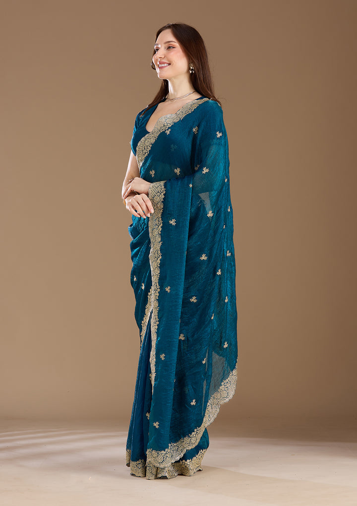 Peacock Blue Tissue Gold Zariwork Saree With Matching Blouse Piece