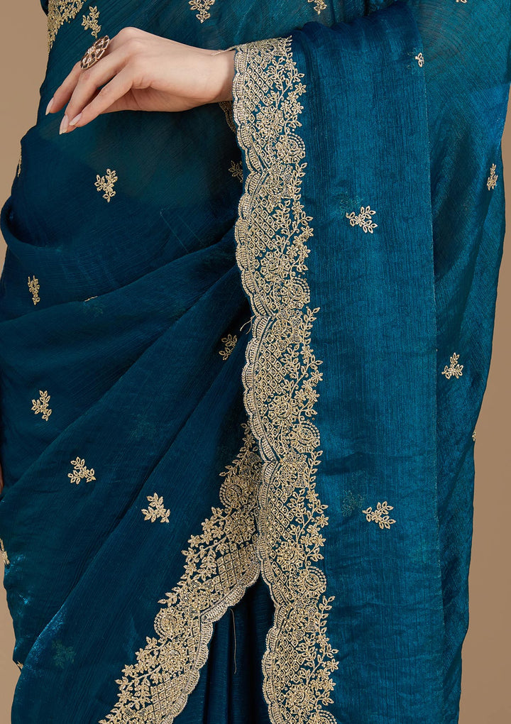 Peacock Blue Tissue Gold Zariwork Saree With Matching Blouse Piece