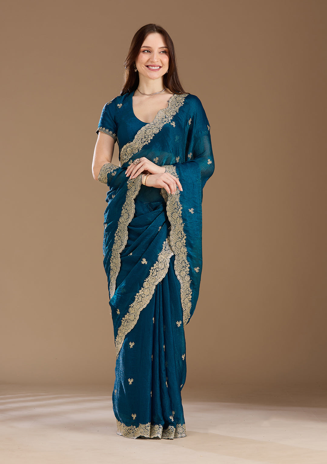 Peacock Blue Tissue Gold Zariwork Saree With Matching Blouse Piece