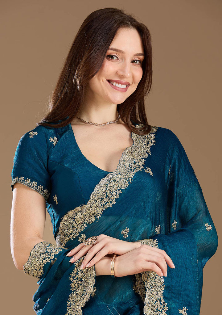 Peacock Blue Tissue Gold Zariwork Saree With Matching Blouse Piece