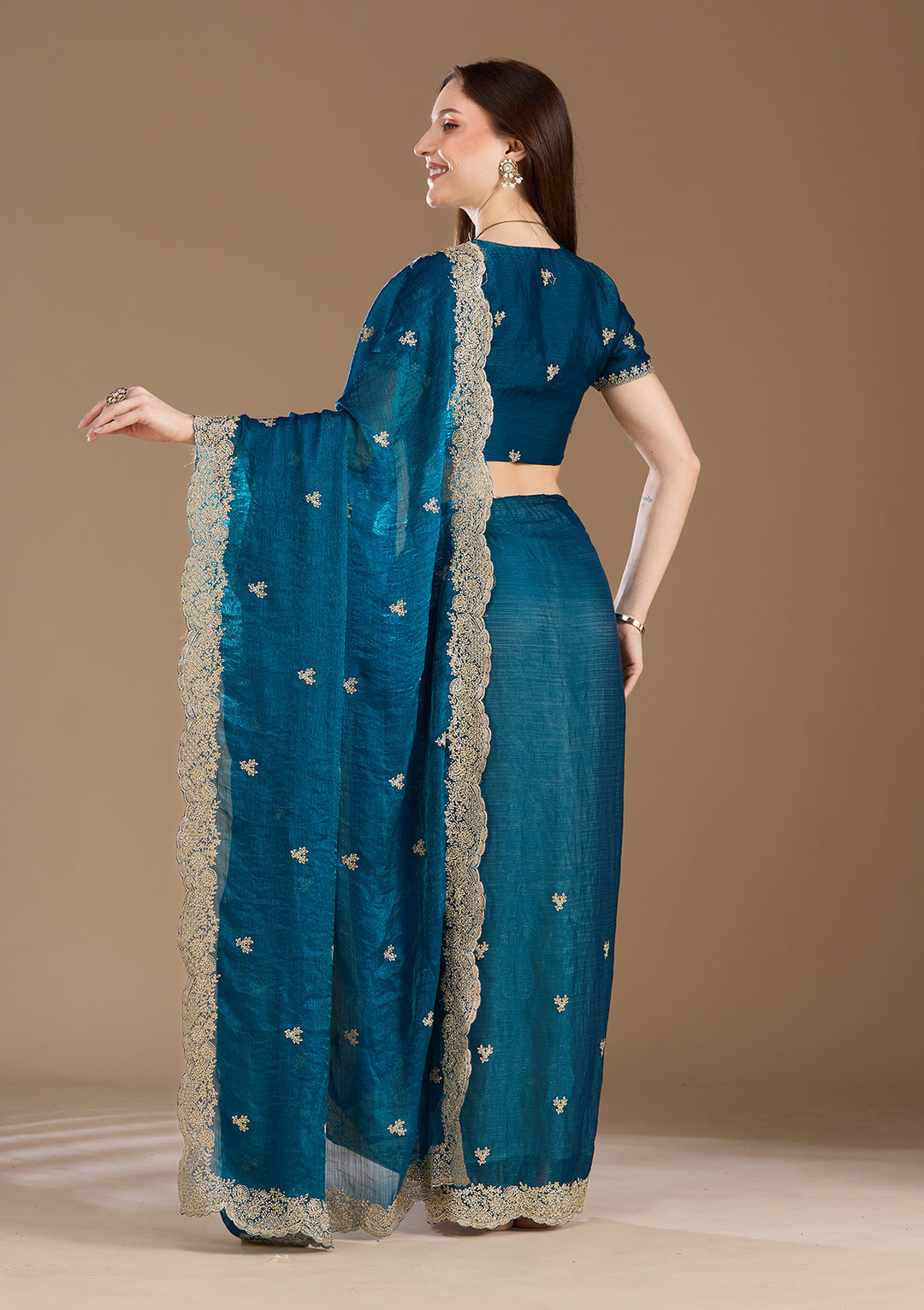 Peacock Blue Tissue Gold Zariwork Saree With Matching Blouse Piece