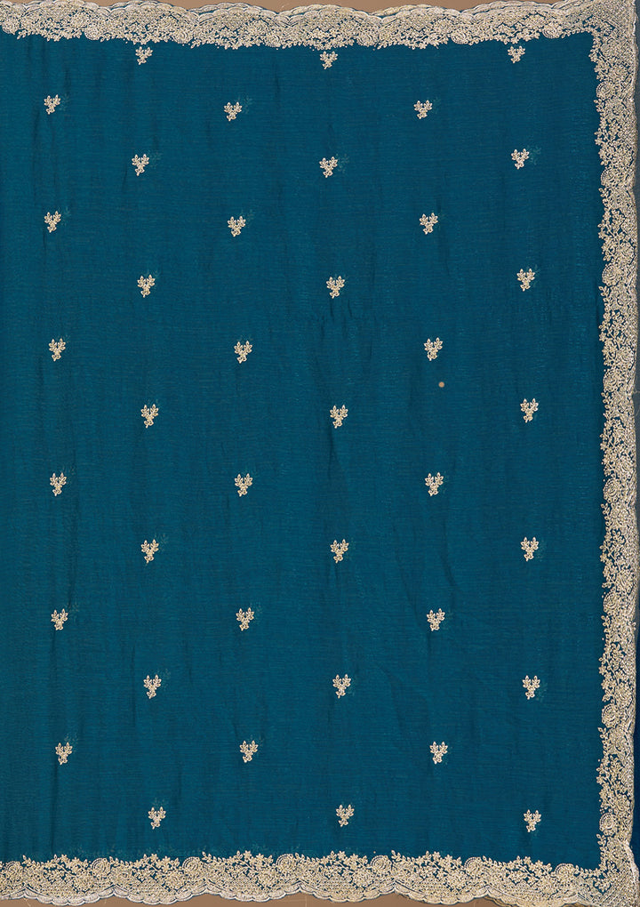 Peacock Blue Tissue Gold Zariwork Saree With Matching Blouse Piece