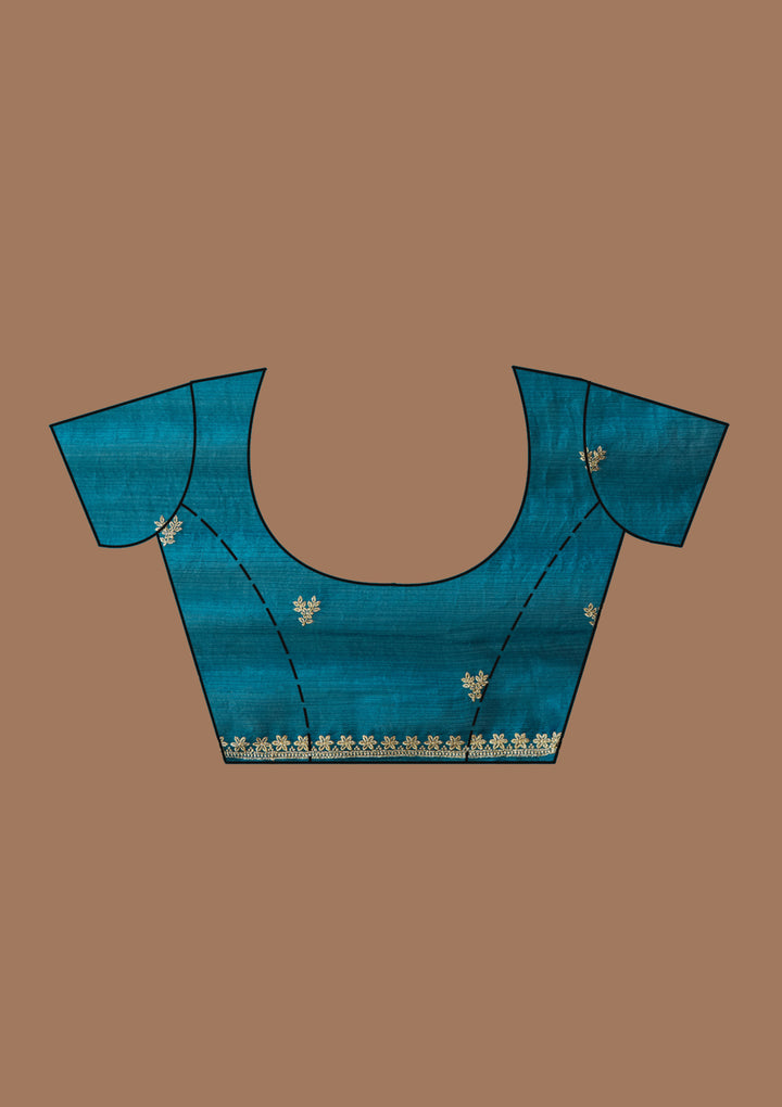 Peacock Blue Tissue Gold Zariwork Saree With Matching Blouse Piece