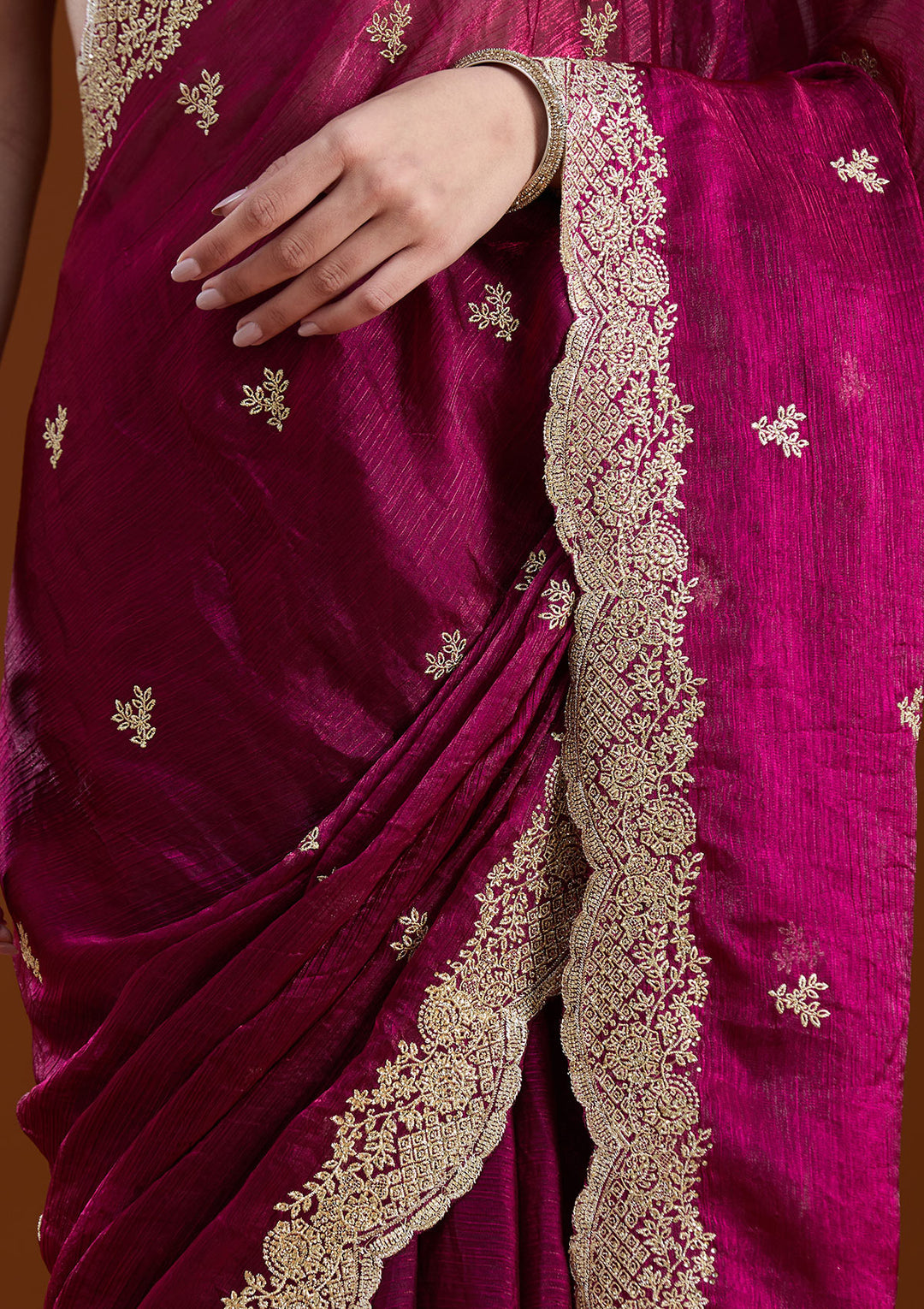 Wine Tissue Gold Zariwork Saree With Matching Blouse Piece