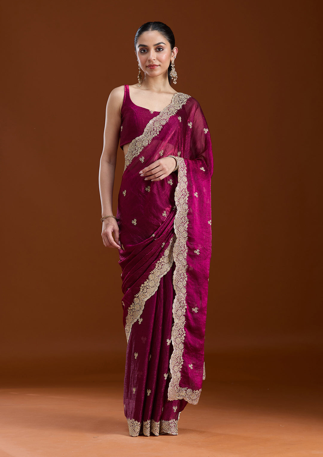 Wine Tissue Gold Zariwork Saree With Matching Blouse Piece