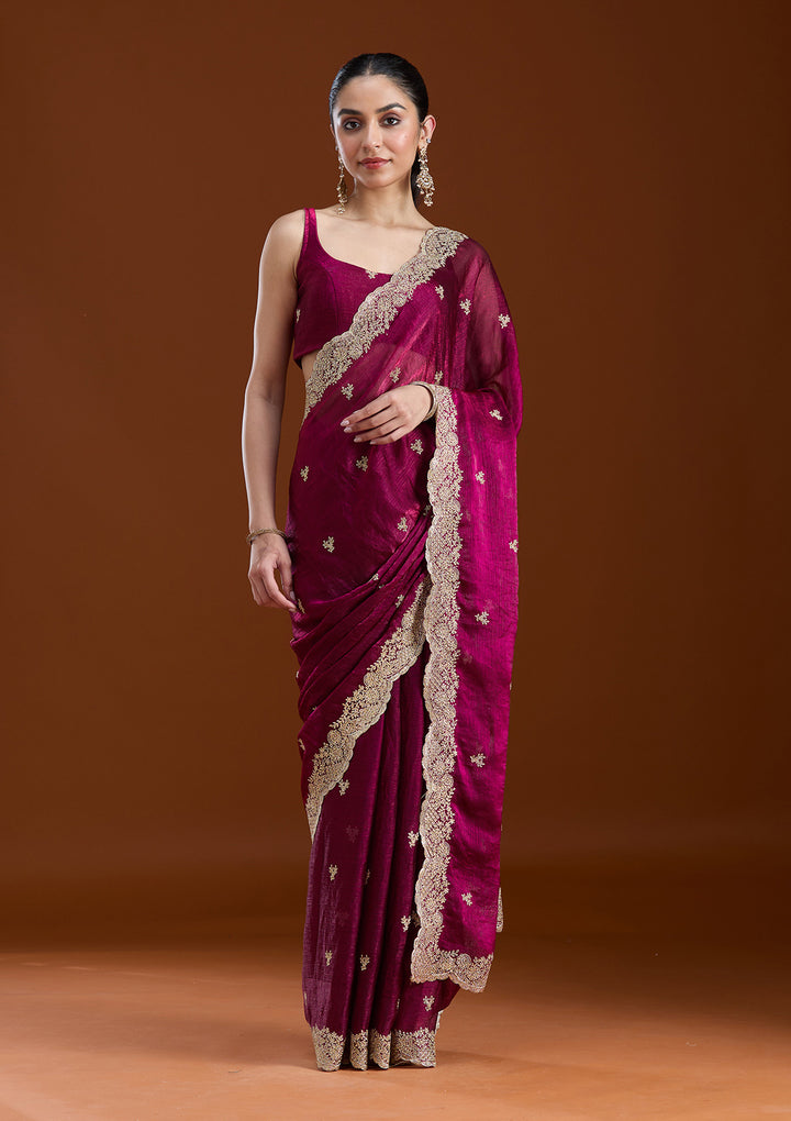 Wine Tissue Gold Zariwork Saree With Matching Blouse Piece