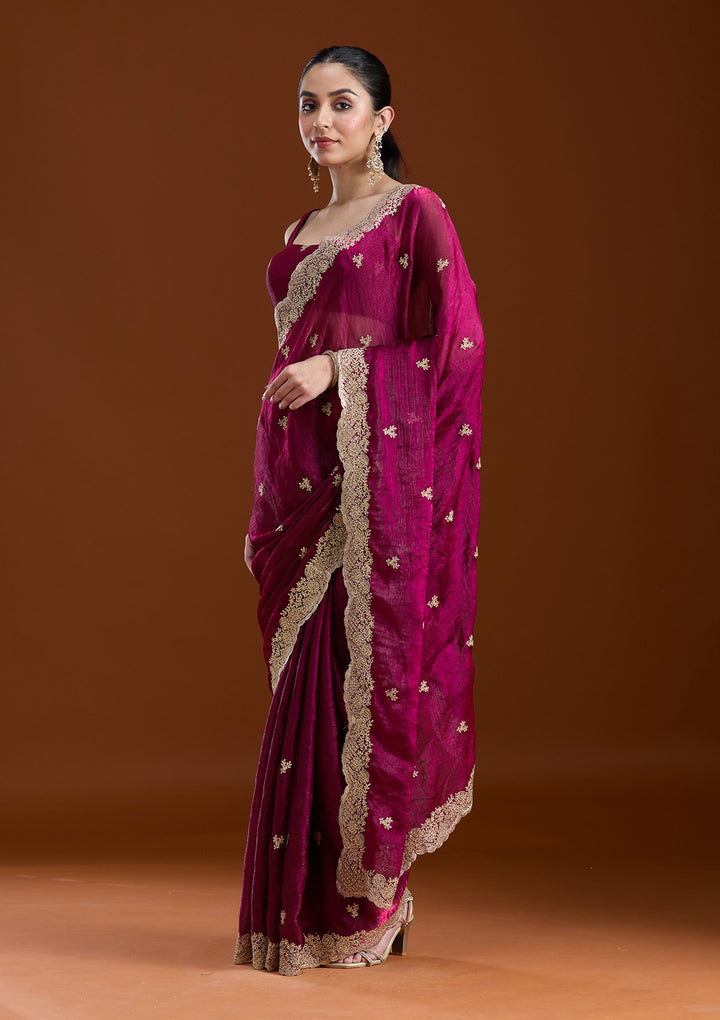 Wine Tissue Gold Zariwork Saree With Matching Blouse Piece