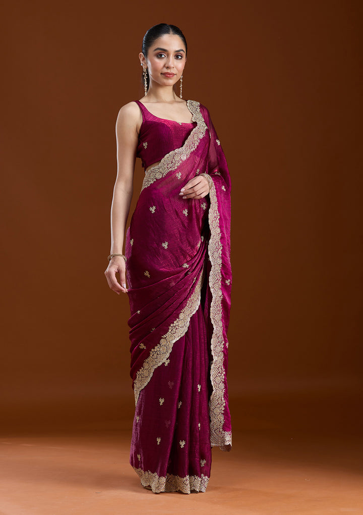 Wine Tissue Gold Zariwork Saree With Matching Blouse Piece