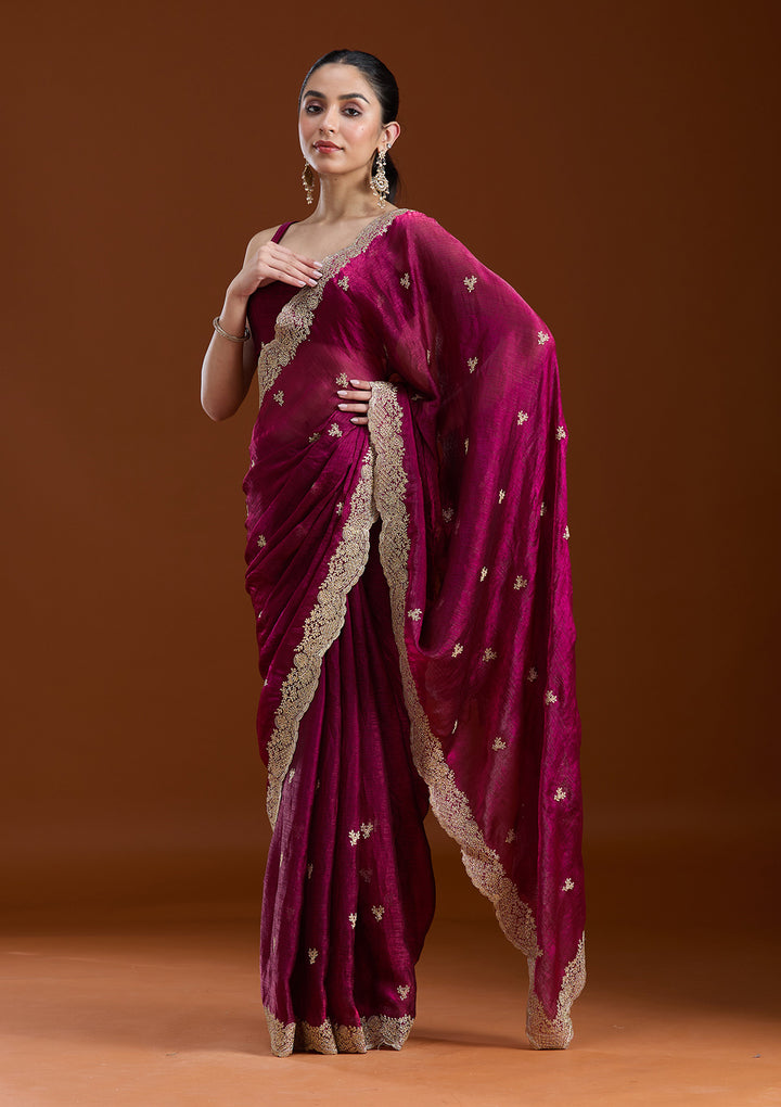 Wine Tissue Gold Zariwork Saree With Matching Blouse Piece