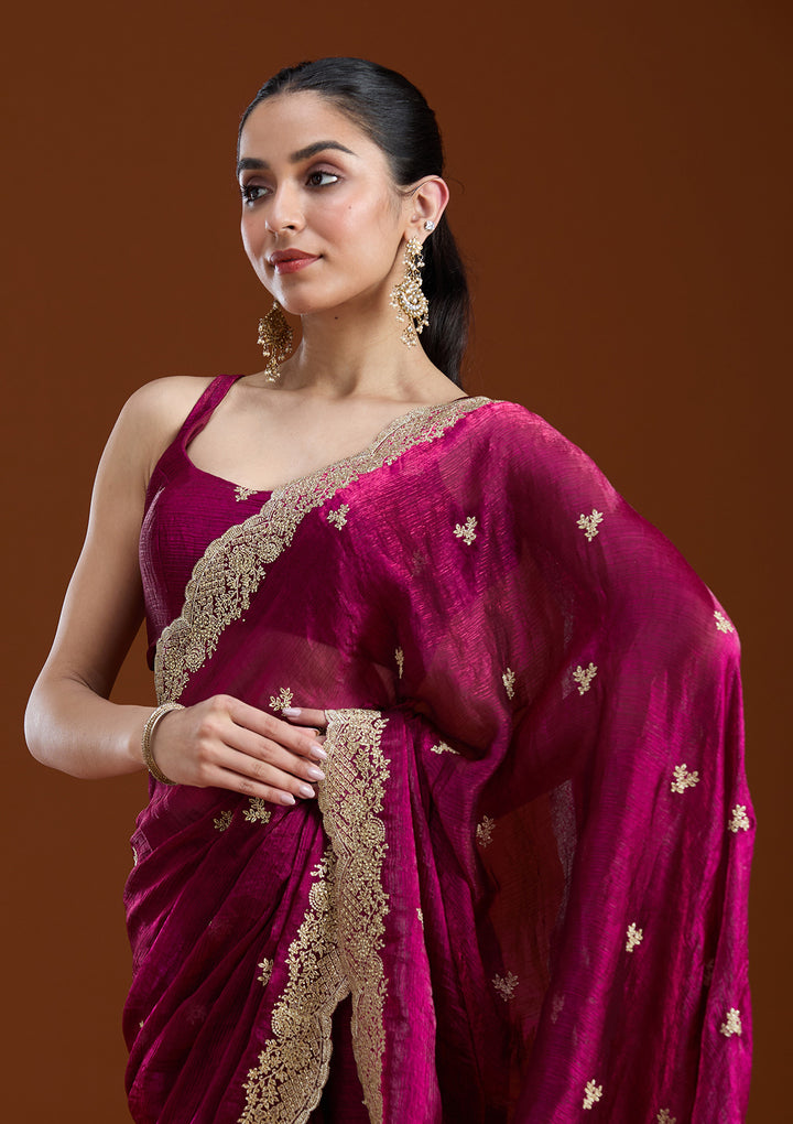 Wine Tissue Gold Zariwork Saree With Matching Blouse Piece