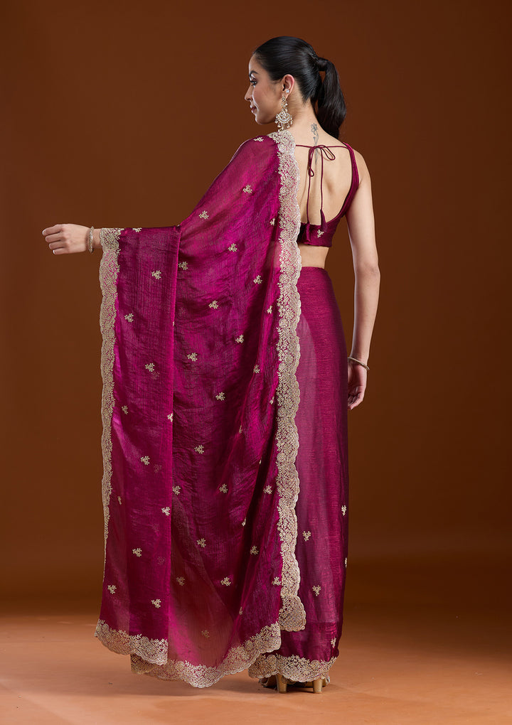 Wine Tissue Gold Zariwork Saree With Matching Blouse Piece