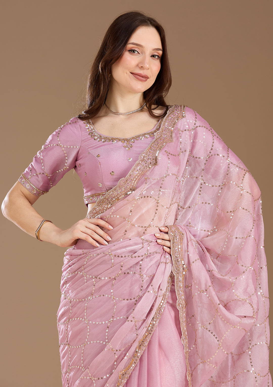 Light Lavender Sequins Tissue Saree