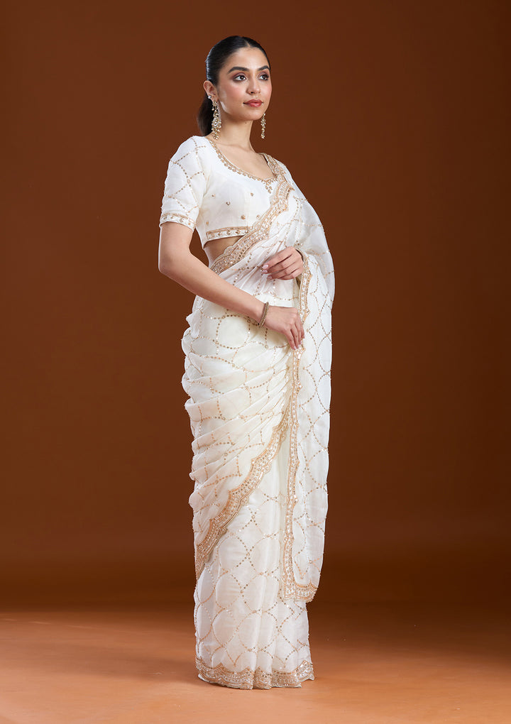 Off White Sequins Tissue Saree