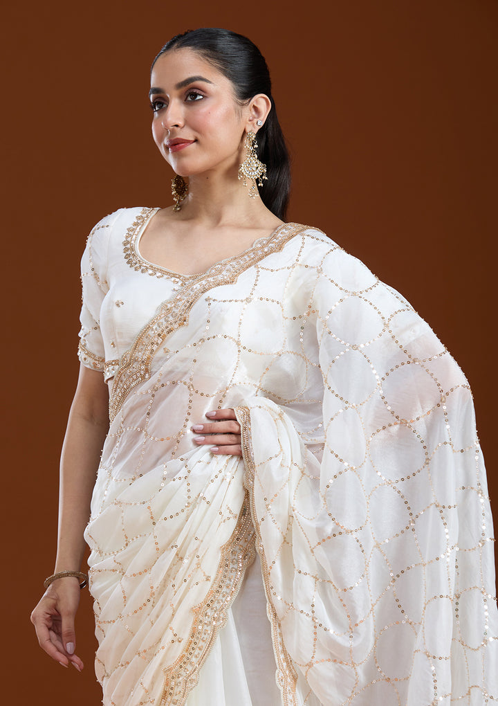 Off White Sequins Tissue Saree