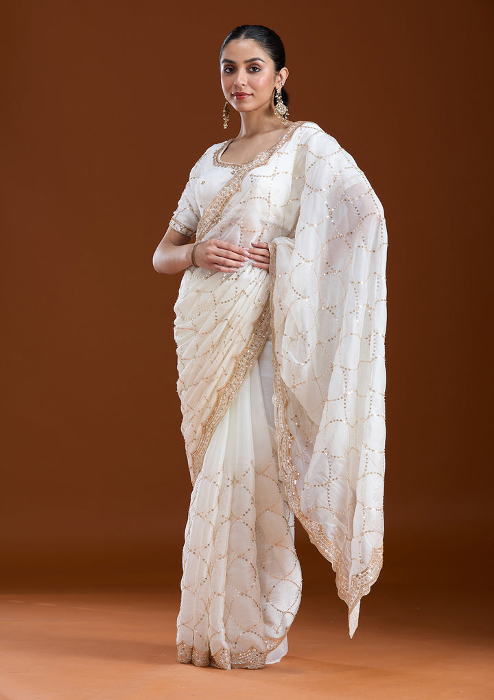 Off White Sequins Tissue Saree