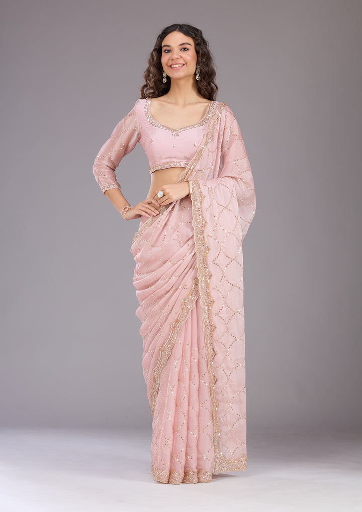 Pink Tissue Sequins Saree With Matching Blouse Piece