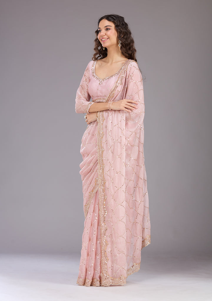 Pink Tissue Sequins Saree With Matching Blouse Piece