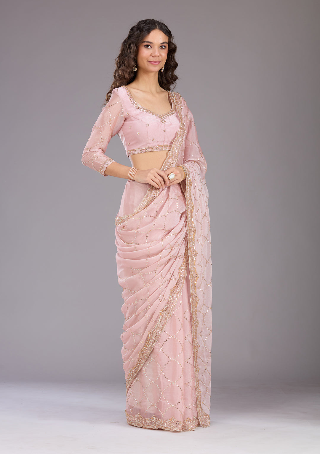 Pink Tissue Sequins Saree With Matching Blouse Piece