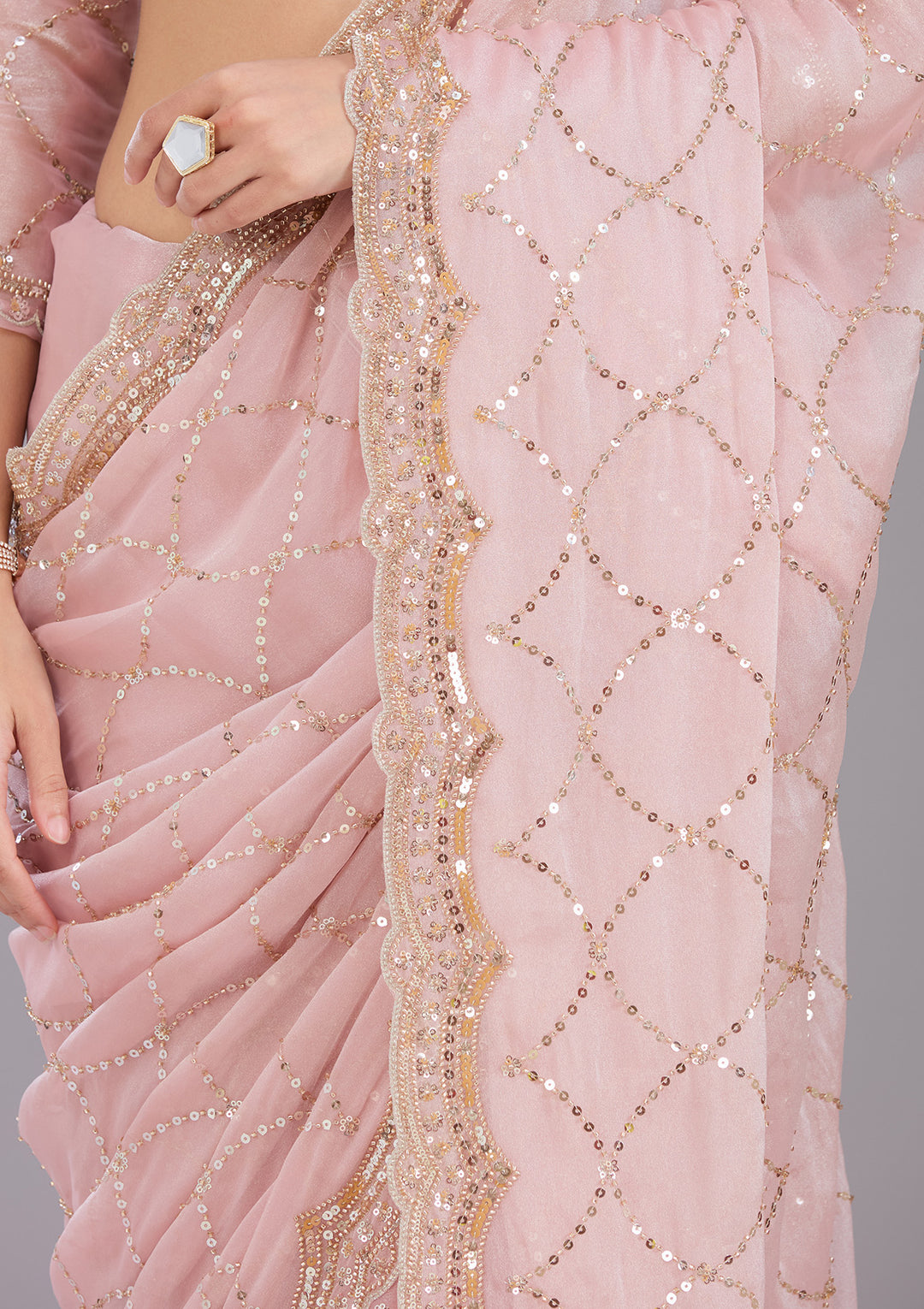 Pink Tissue Sequins Saree With Matching Blouse Piece