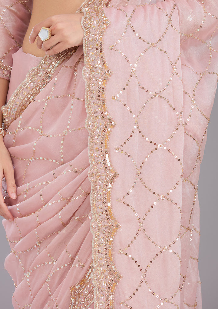 Pink Tissue Sequins Saree With Matching Blouse Piece