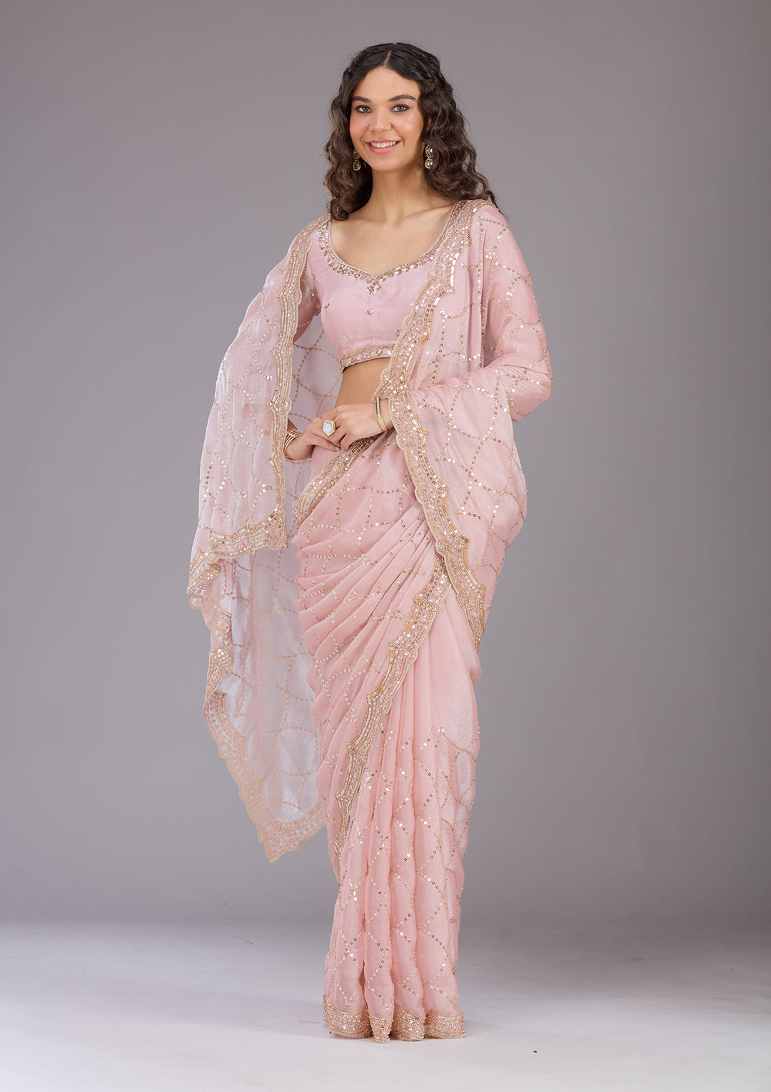 Pink Tissue Sequins Saree With Matching Blouse Piece