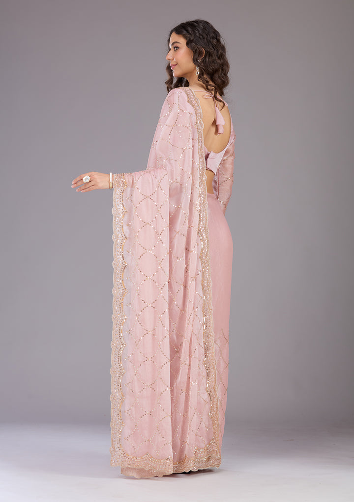 Pink Tissue Sequins Saree With Matching Blouse Piece