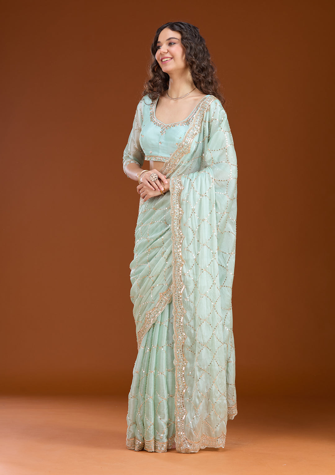 Sea Green Sequins Tissue Saree