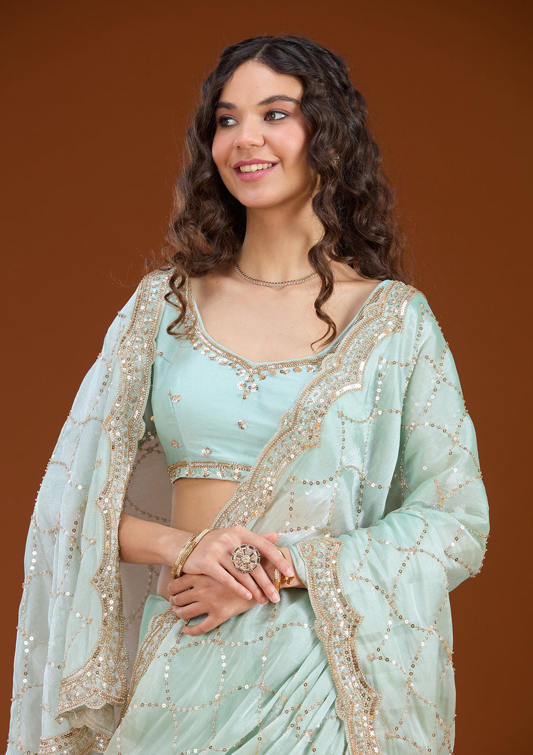 Sea Green Sequins Tissue Saree