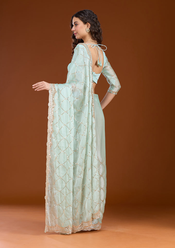 Sea Green Sequins Tissue Saree