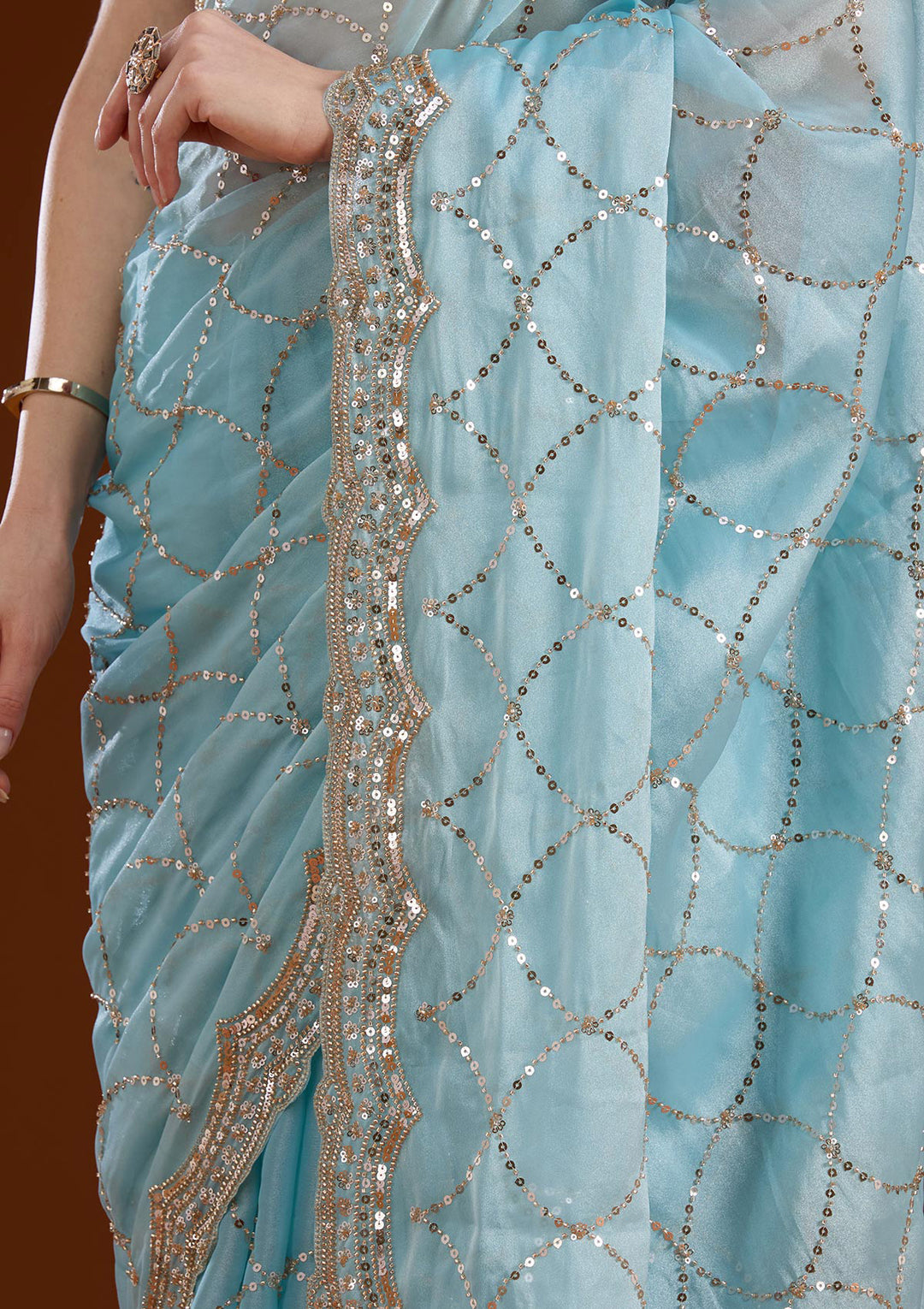 Sky Blue Sequins Tissue Saree