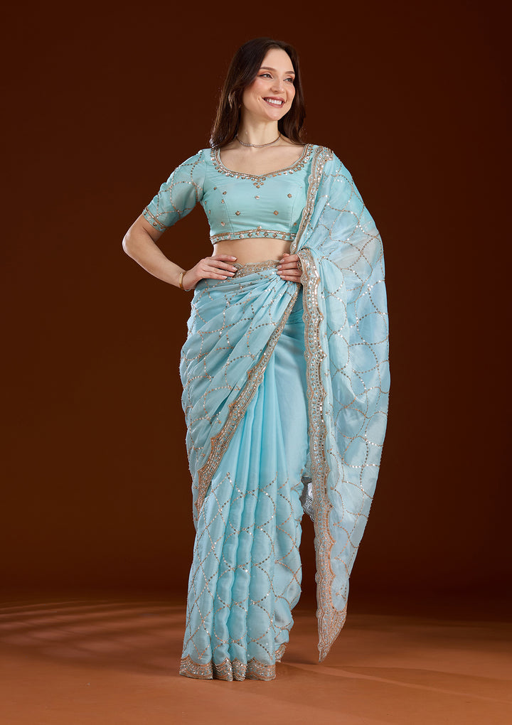 Sky Blue Sequins Tissue Saree