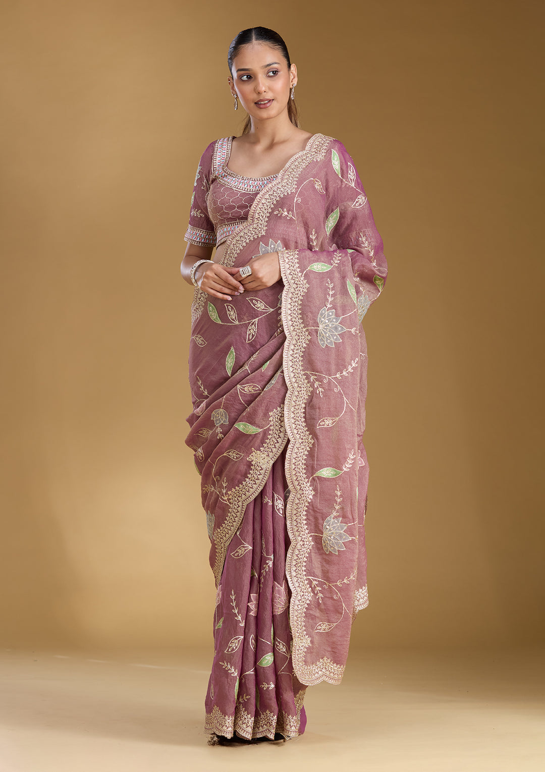 Onion Pink Tissue Gold Zariwork Saree With Matching Blouse Piece