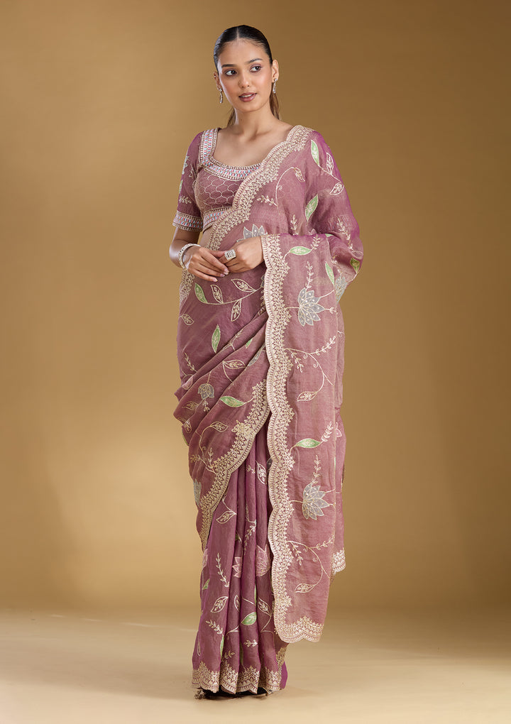 Onion Pink Tissue Gold Zariwork Saree With Matching Blouse Piece