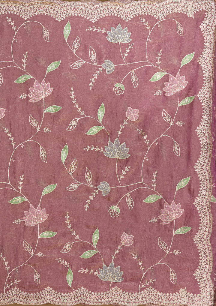 Onion Pink Tissue Gold Zariwork Saree With Matching Blouse Piece