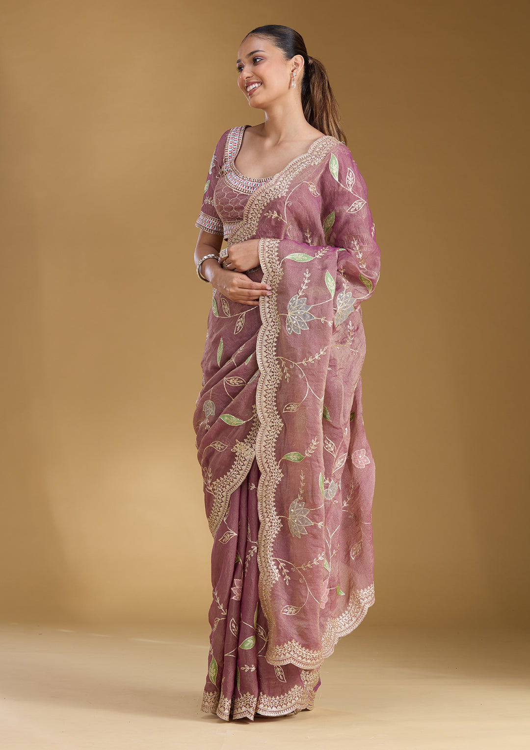Onion Pink Tissue Gold Zariwork Saree With Matching Blouse Piece