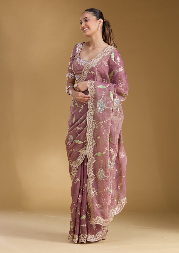 Onion Pink Tissue Gold Zariwork Saree With Matching Blouse Piece