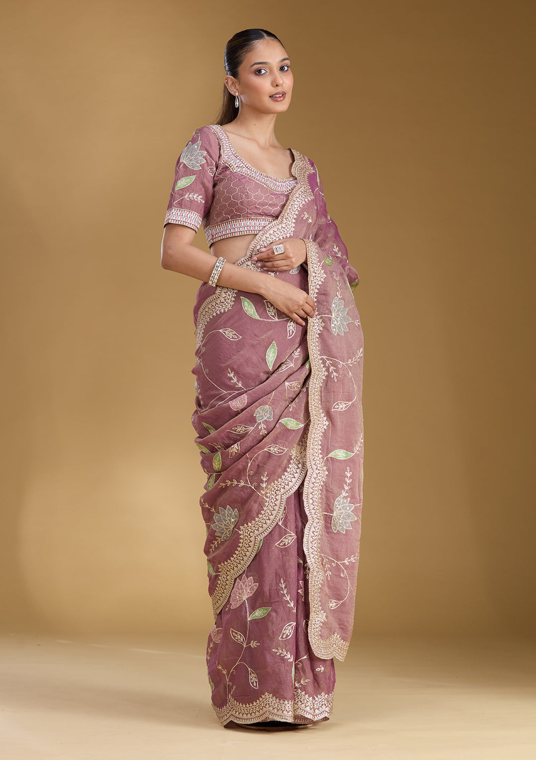 Onion Pink Tissue Gold Zariwork Saree With Matching Blouse Piece