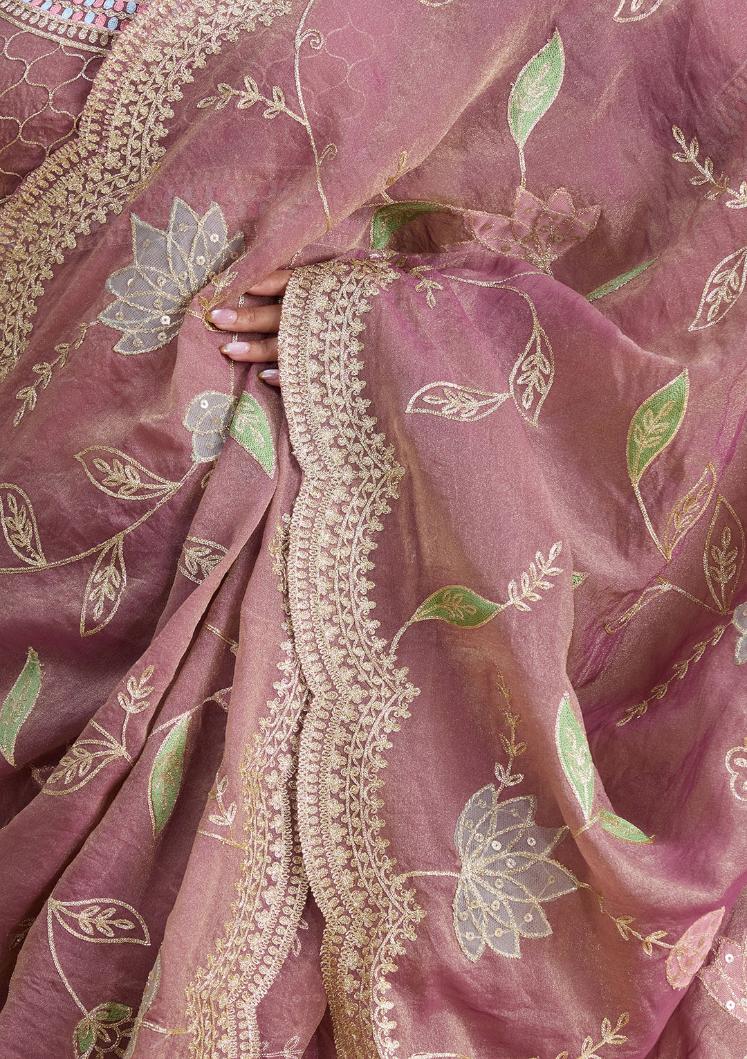 Onion Pink Tissue Gold Zariwork Saree With Matching Blouse Piece